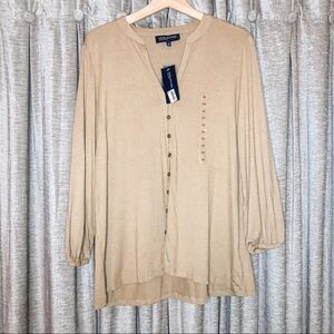 NWT Jones New York Gold Metallic Button Front Cropped Sleeve Shirt Size Medium